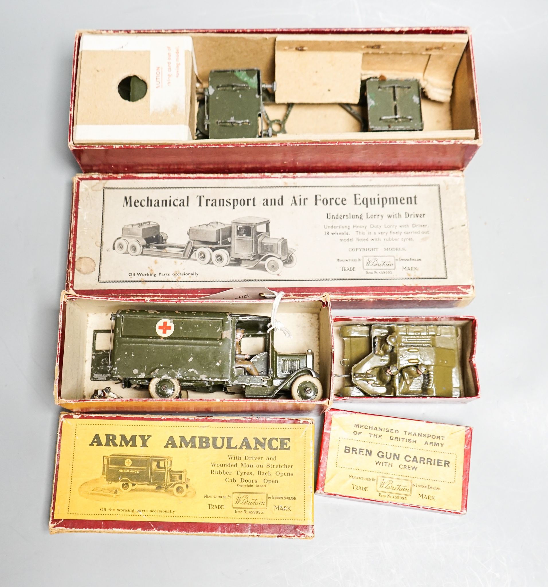 Britain's 1641 Mechanical Transport and Air Force Equipment 1512 Khaki Army Ambulance and 1876 Bren Gun Carrier all in original boxes, pre-war